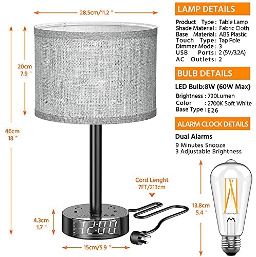 Nightstand lamp with alarm clock and charging - 3 brightness levels